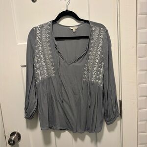 Lucky Brand Light Blue Blouse with Ivory Embroidery Detailing